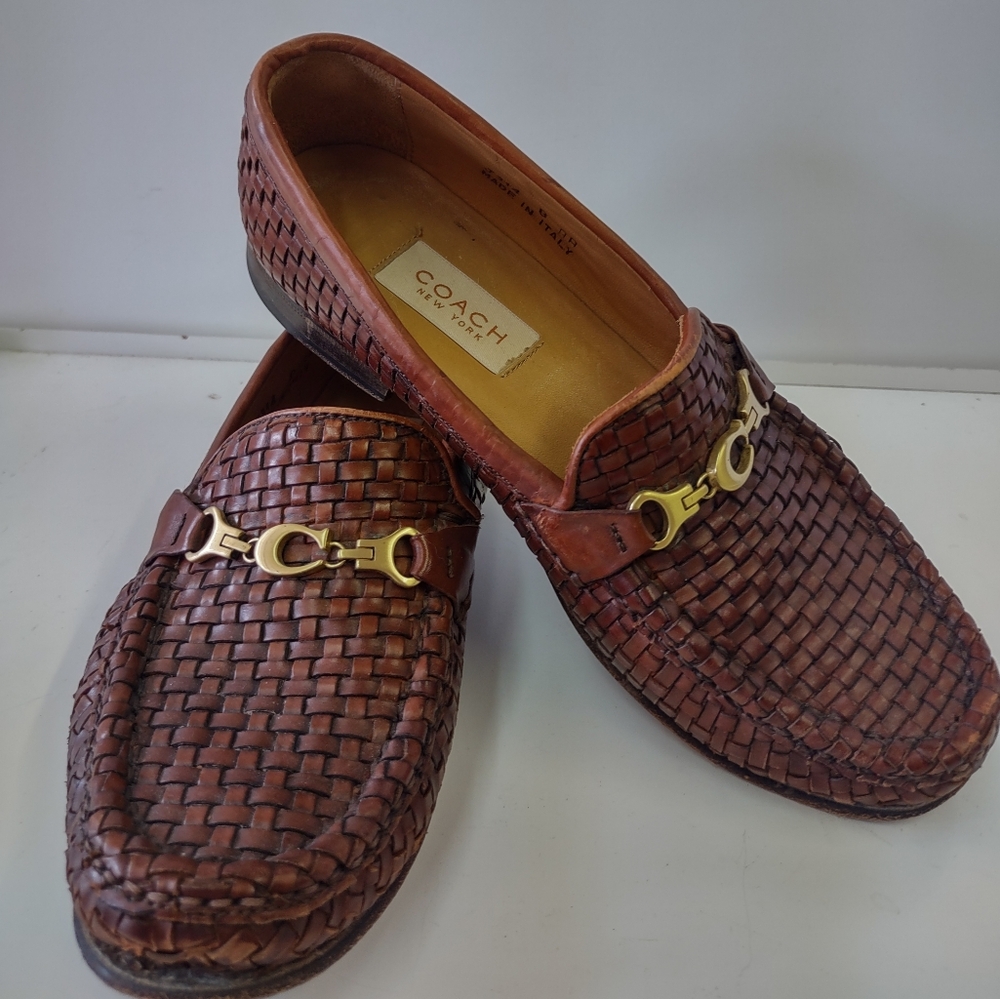 Coach Woven Leather Loafers in Chestnut Brown with Gold Hardware